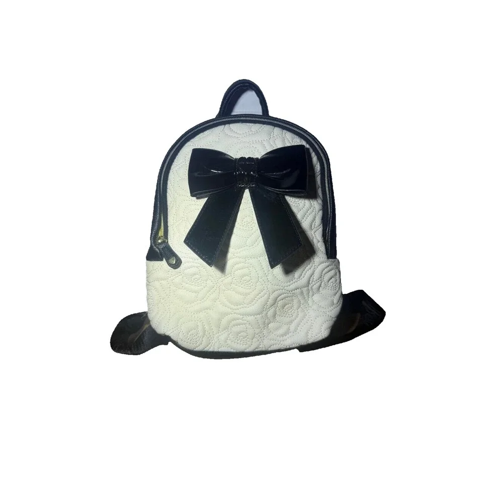 Betsey Johnson Mini Backpack Quilted Rose Cream Black Patent Bow Heart Logo
